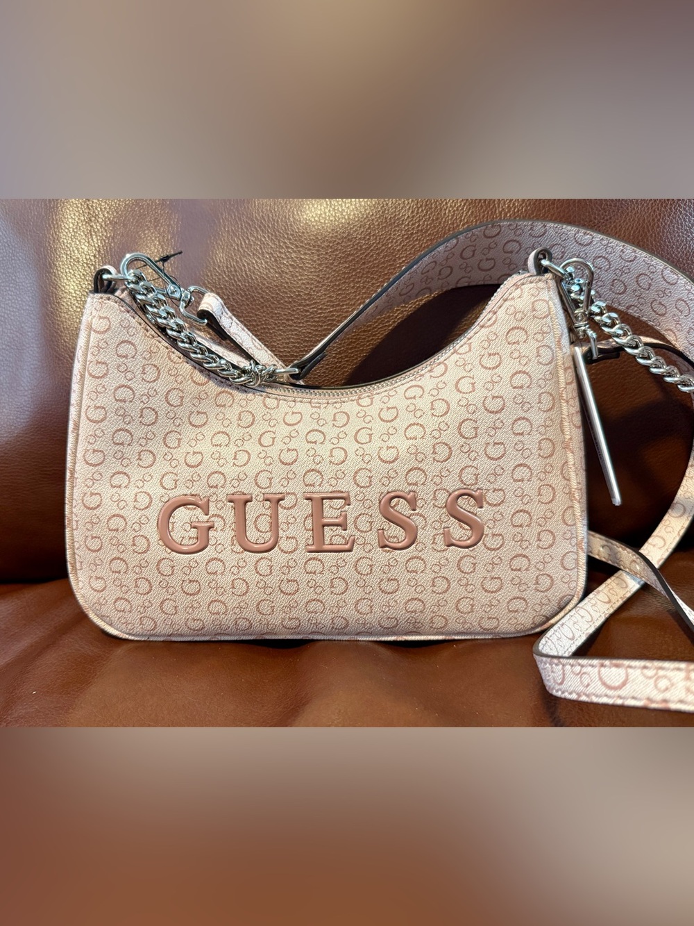 NWT GUESS Blush Pink Monogram Shoulder Bag with Chain Strap “Havanna” - Picture 1 of 7